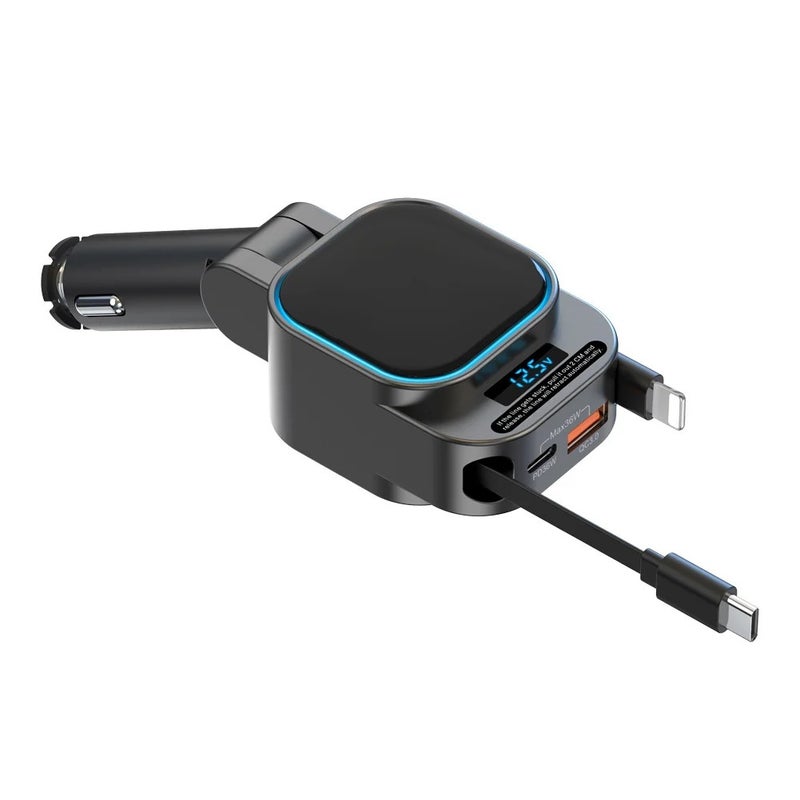 Bluejw SC07 96W 4-in-1 Dual Retractable Car Charger, USB C Fast Charging Adapter, QC3.0 & PD, LED Display, Automobile Phone Charger - Image 3